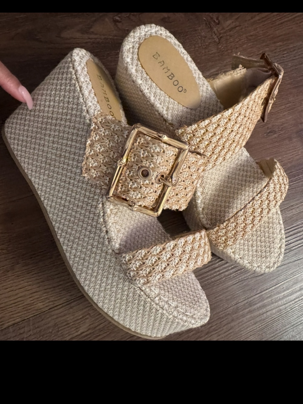 BAMBOO Beige Woven Platform Sandals with Gold Buckle